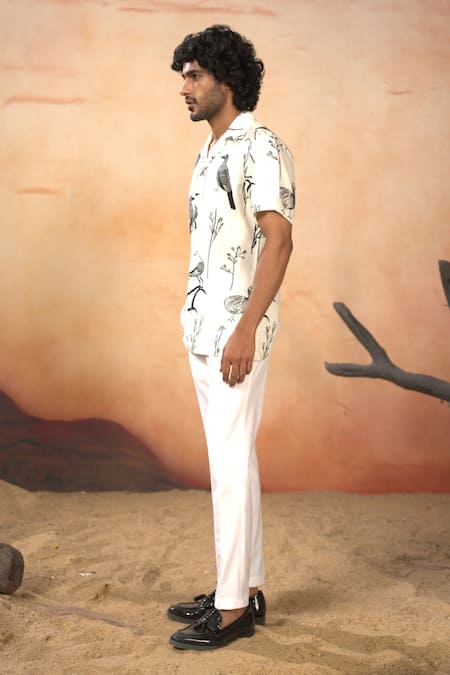 Hilo Design_White Cotton Satin Bird Print Shirt And Pant Set _Online_at_Aza_Fashions