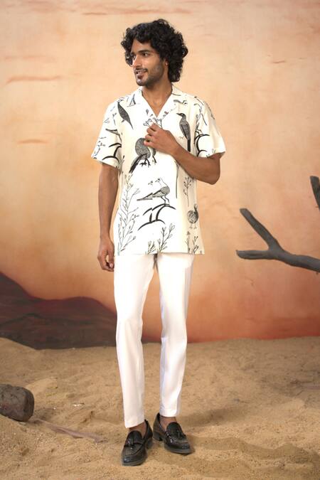 Buy_Hilo Design_White Cotton Satin Bird Print Shirt And Pant Set _Online_at_Aza_Fashions