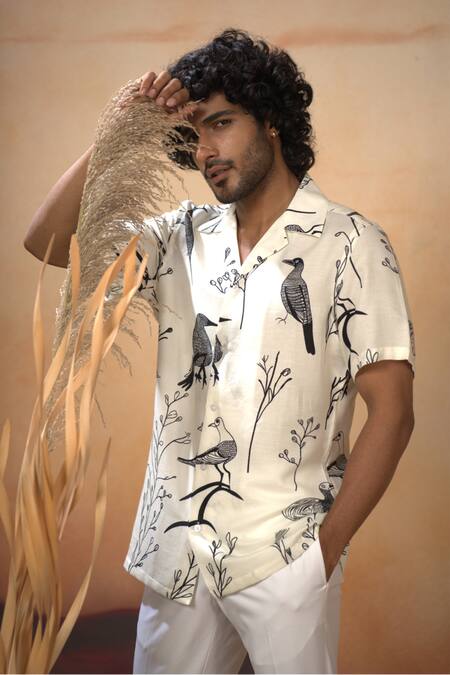 Shop_Hilo Design_White Cotton Satin Bird Print Shirt And Pant Set _Online_at_Aza_Fashions