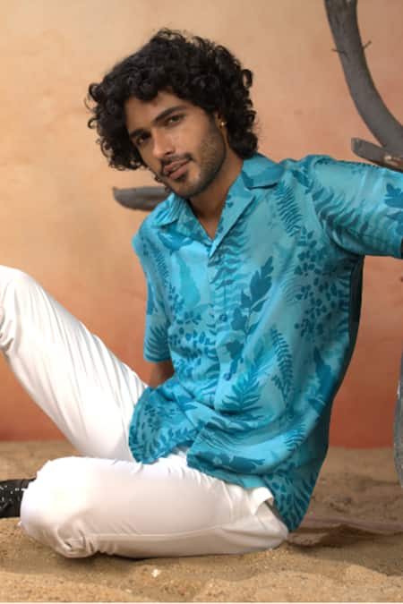 Shop_Hilo Design_Blue Satin, Breezy Leaf Print Shirt With Pant _Online_at_Aza_Fashions