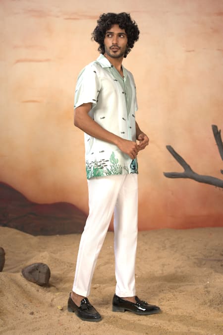 Hilo Design_Green Cotton Satin Sea Marine Life Print Shirt And Pant Set _Online_at_Aza_Fashions