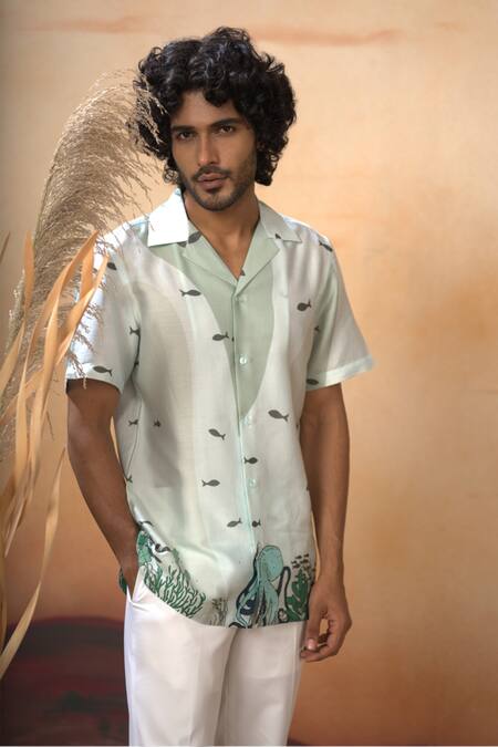 Buy_Hilo Design_Green Cotton Satin Sea Marine Life Print Shirt And Pant Set _Online_at_Aza_Fashions