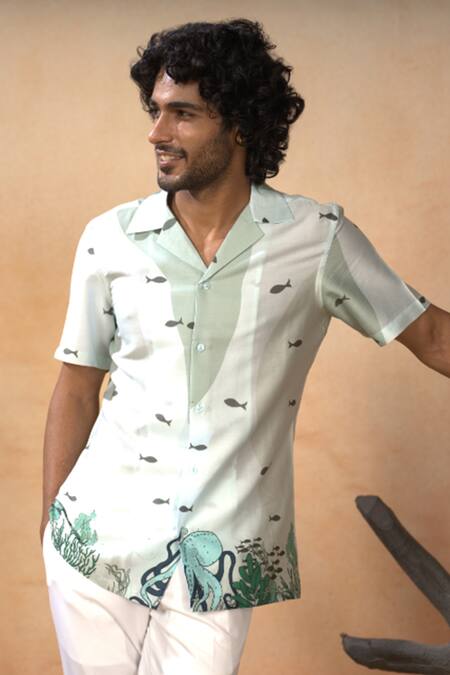 Shop_Hilo Design_Green Cotton Satin Sea Marine Life Print Shirt And Pant Set _Online_at_Aza_Fashions