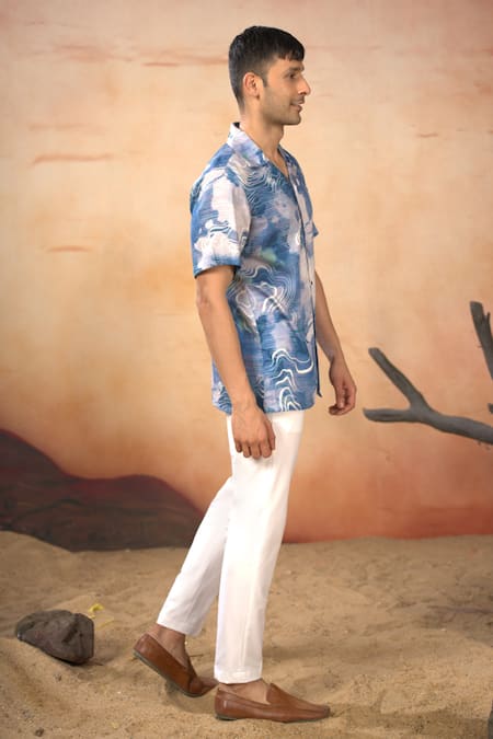 Hilo Design_Blue Cotton Satin Marble Desert Print Shirt With Pant _Online_at_Aza_Fashions