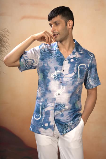 Buy_Hilo Design_Blue Cotton Satin Marble Desert Print Shirt With Pant _Online_at_Aza_Fashions