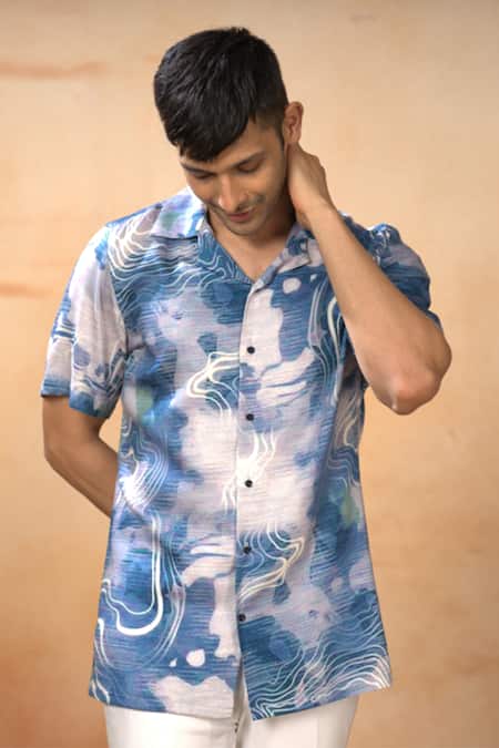 Shop_Hilo Design_Blue Cotton Satin Marble Desert Print Shirt With Pant _Online_at_Aza_Fashions