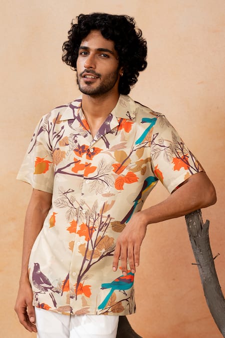 Hilo Design_Beige Cotton Satin Aviance Print Shirt Set _Online_at_Aza_Fashions