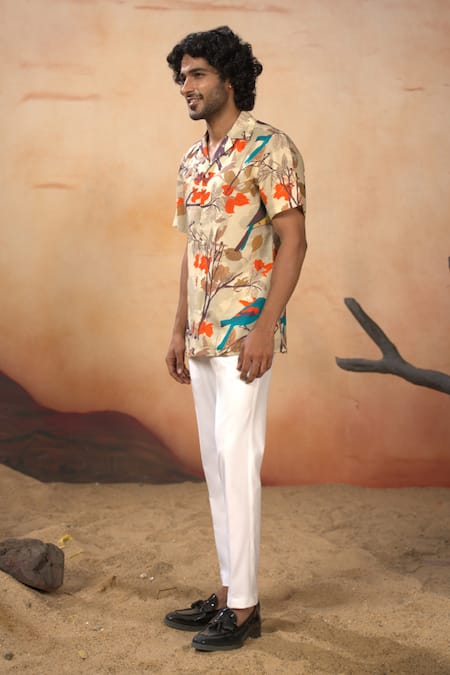 Buy_Hilo Design_Beige Cotton Satin Aviance Print Shirt Set _Online_at_Aza_Fashions