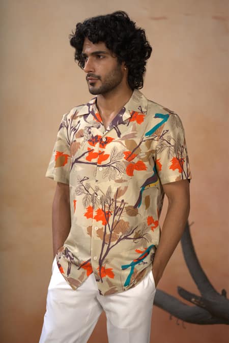 Shop_Hilo Design_Beige Cotton Satin Aviance Print Shirt Set _Online_at_Aza_Fashions