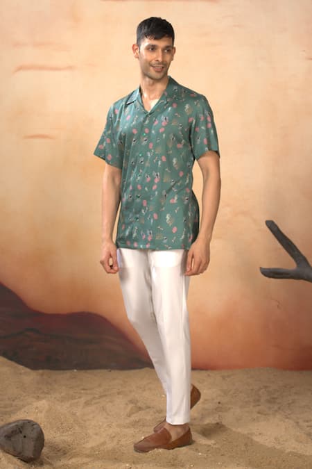 Hilo Design_Green Cotton Satin Oceanic Mirage Print Shirt With Pant_Online_at_Aza_Fashions