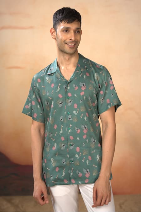 Buy_Hilo Design_Green Cotton Satin Oceanic Mirage Print Shirt With Pant_Online_at_Aza_Fashions