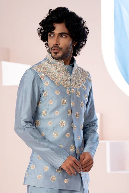 Hilo Design_Blue Silk, , Satin Cut Work, Crest Embroidered Bundi Kurta Set _Online_at_Aza_Fashions