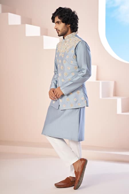 Buy_Hilo Design_Blue Silk, , Satin Cut Work, Crest Embroidered Bundi Kurta Set _Online_at_Aza_Fashions