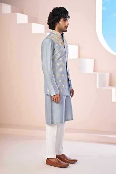 Shop_Hilo Design_Blue Silk, , Satin Cut Work, Crest Embroidered Bundi Kurta Set _Online_at_Aza_Fashions