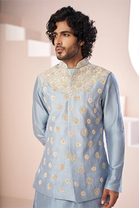 Hilo Design_Blue Silk, , Satin Cut Work, Crest Embroidered Bundi Kurta Set _at_Aza_Fashions