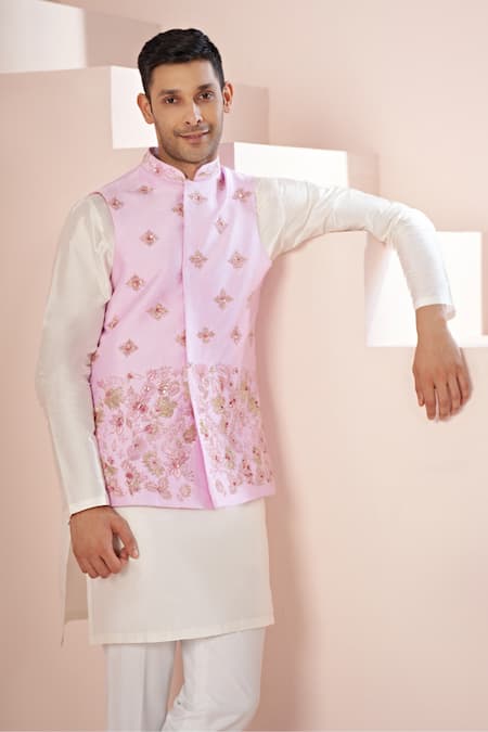 Buy_Hilo Design_Pink Cotton Satin, Silk Cut Work, Embroidery Bloom Motif Bundi Kurta Set _Online_at_Aza_Fashions