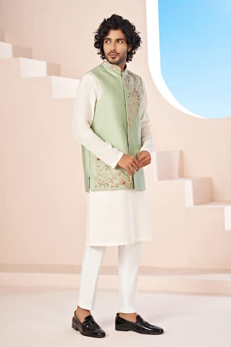 Hilo Design_Green Silk, , Satin Embroidery Fleur Bundi Kurta Set _Online_at_Aza_Fashions