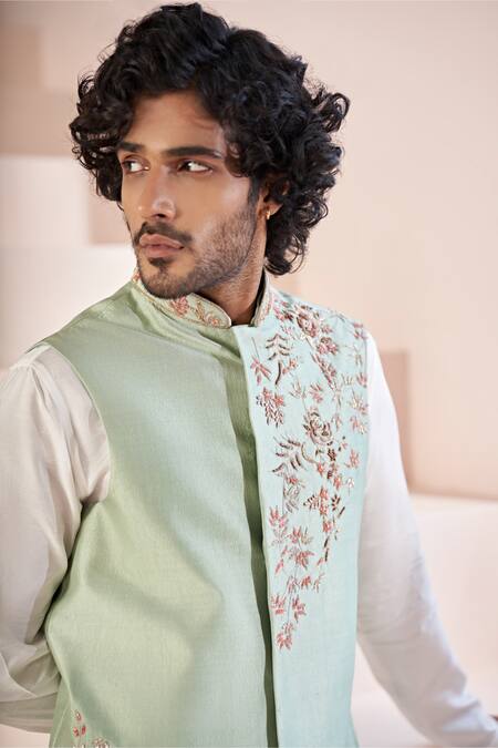 Buy_Hilo Design_Green Silk, , Satin Embroidery Fleur Bundi Kurta Set _Online_at_Aza_Fashions
