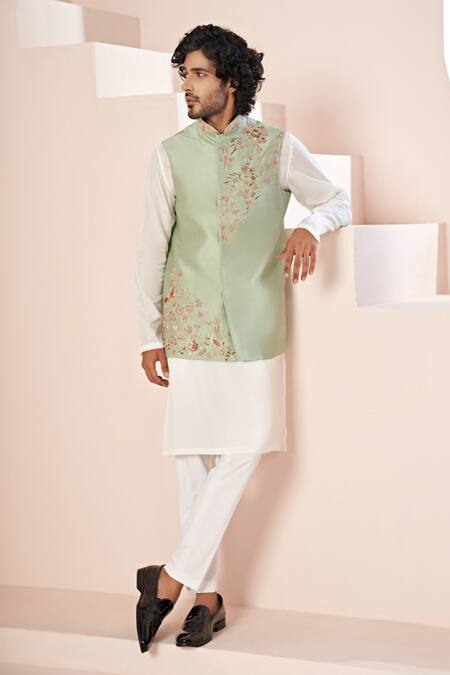 Shop_Hilo Design_Green Silk, , Satin Embroidery Fleur Bundi Kurta Set _Online_at_Aza_Fashions