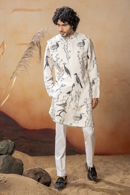 Hilo Design Avian Print White Bundi Kurta Set 