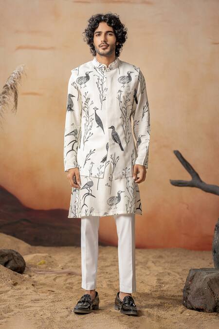 Hilo Design_White Cotton Satin Avian Print Bundi Kurta Set _Online_at_Aza_Fashions