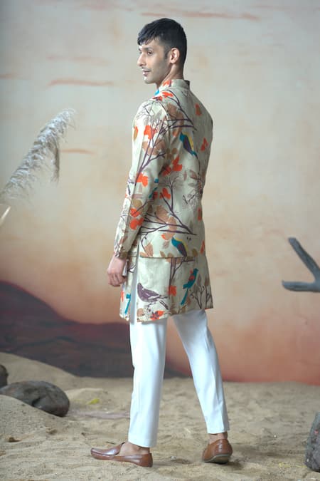 Hilo Design_Beige Cotton Satin Avescape Print Bundi Kurta Set _Online_at_Aza_Fashions