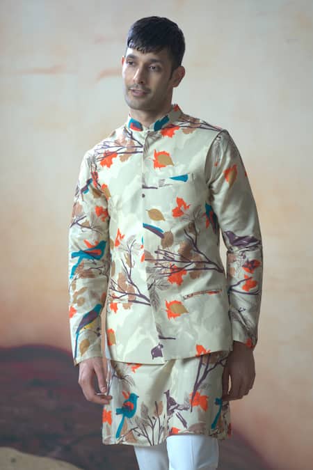 Buy_Hilo Design_Beige Cotton Satin Avescape Print Bundi Kurta Set _Online_at_Aza_Fashions