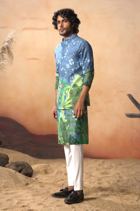 Hilo Design_Blue Cotton Satin, Silk, Lycra Tree Bark Print Bundi Kurta Set _Online_at_Aza_Fashions