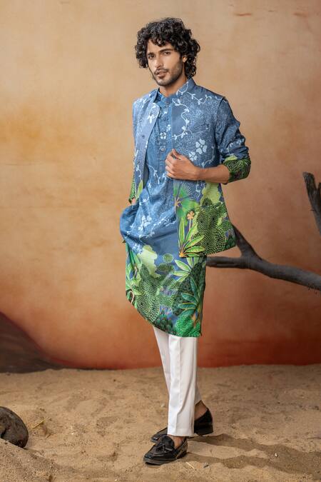 Buy_Hilo Design_Blue Cotton Satin, Silk, Lycra Tree Bark Print Bundi Kurta Set _Online_at_Aza_Fashions