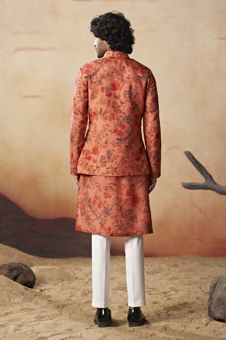 Shop Hilo Design Red Cotton Satin, Silk, Lycra Coraflora Bloom Print Bundi Kurta Set at Aza Fashions Shop_Hilo Design_Red Cotton Satin, Silk, Lycra Coraflora Bloom Print Bundi Kurta Set_at_Aza_Fashions