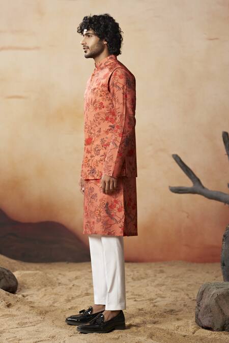 Hilo Design Red Cotton Satin, Silk, Lycra Coraflora Bloom Print Bundi Kurta Set Online at Aza Fashions Hilo Design_Red Cotton Satin, Silk, Lycra Coraflora Bloom Print Bundi Kurta Set_Online_at_Aza_Fashions