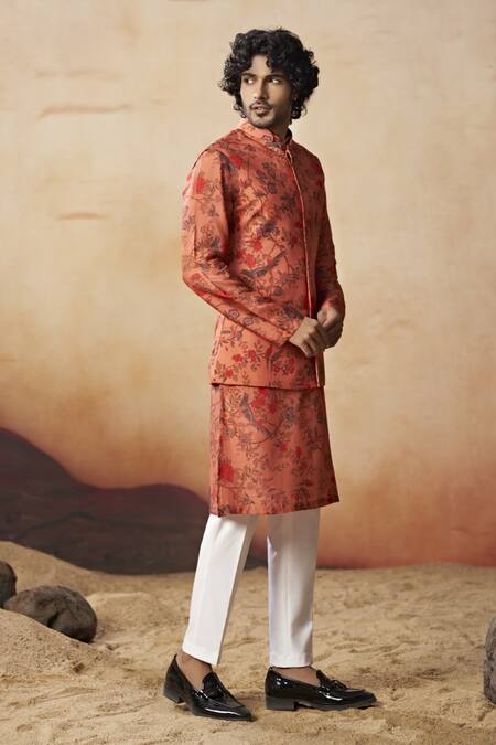 Buy Hilo Design Red Cotton Satin, Silk, Lycra Coraflora Bloom Print Bundi Kurta Set Online at Aza Fashions Buy_Hilo Design_Red Cotton Satin, Silk, Lycra Coraflora Bloom Print Bundi Kurta Set_Online_at_Aza_Fashions