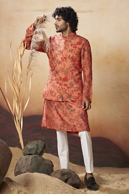 Shop Hilo Design Red Cotton Satin, Silk, Lycra Coraflora Bloom Print Bundi Kurta Set Online at Aza Fashions Shop_Hilo Design_Red Cotton Satin, Silk, Lycra Coraflora Bloom Print Bundi Kurta Set_Online_at_Aza_Fashions