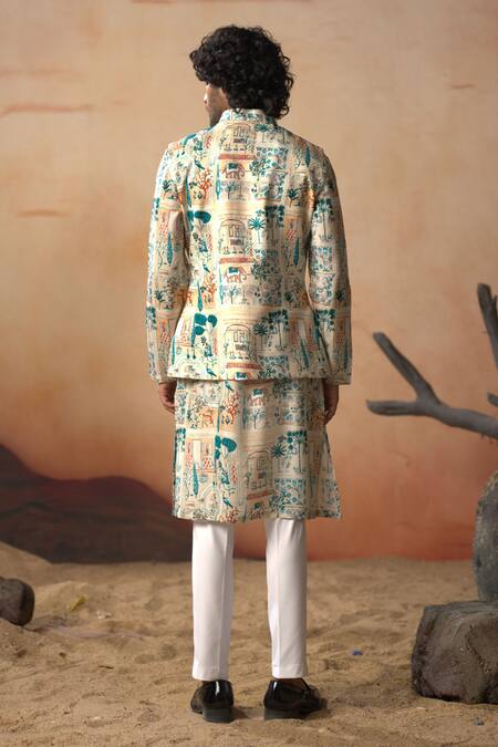 Shop Hilo Design Ivory Cotton Satin, Silk, Lycra Embroidery Vanya Print Bundi Kurta Set at Aza Fashions Shop_Hilo Design_Ivory Cotton Satin, Silk, Lycra Embroidery Vanya Print Bundi Kurta Set_at_Aza_Fashions