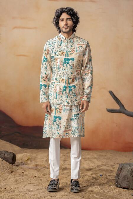 Hilo Design Ivory Cotton Satin, Silk, Lycra Embroidery Vanya Print Bundi Kurta Set Online at Aza Fashions Hilo Design_Ivory Cotton Satin, Silk, Lycra Embroidery Vanya Print Bundi Kurta Set_Online_at_Aza_Fashions