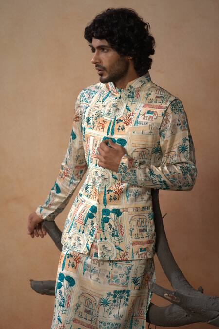 Buy Hilo Design Ivory Cotton Satin, Silk, Lycra Embroidery Vanya Print Bundi Kurta Set Online at Aza Fashions Buy_Hilo Design_Ivory Cotton Satin, Silk, Lycra Embroidery Vanya Print Bundi Kurta Set_Online_at_Aza_Fashions