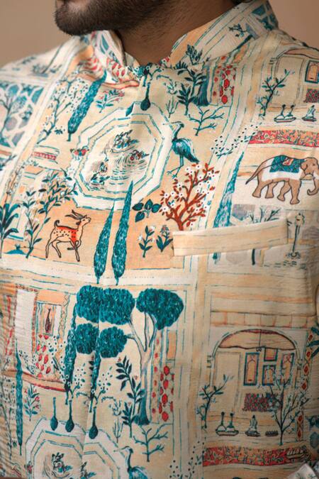 Shop Hilo Design Ivory Cotton Satin, Silk, Lycra Embroidery Vanya Print Bundi Kurta Set Online at Aza Fashions Shop_Hilo Design_Ivory Cotton Satin, Silk, Lycra Embroidery Vanya Print Bundi Kurta Set_Online_at_Aza_Fashions