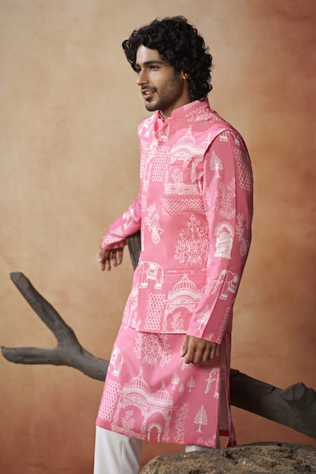 Buy_Hilo Design_Pink Cotton Satin, Silk Embroidery Botanical Architecture Print Bundi Kurta Set _Online_at_Aza_Fashions