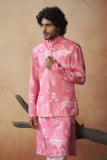 Shop_Hilo Design_Pink Cotton Satin, Silk Embroidery Botanical Architecture Print Bundi Kurta Set _Online_at_Aza_Fashions