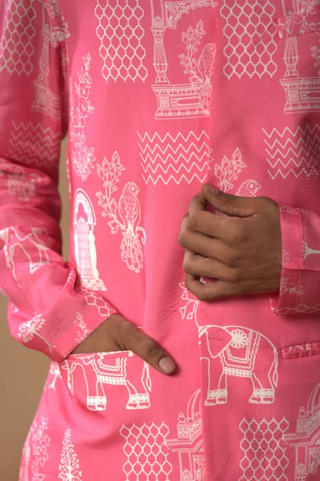 Hilo Design_Pink Cotton Satin, Silk Embroidery Botanical Architecture Print Bundi Kurta Set _at_Aza_Fashions