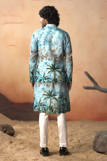 Hilo Design Printed Aqua Blue Bundi & Kurta Set 