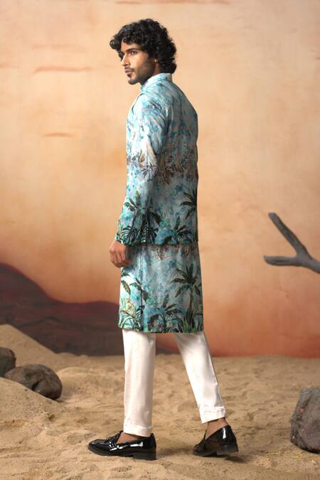 Hilo Design_Blue Silk, Cotton Satin Printed Aqua Bundi And Kurta Set _Online_at_Aza_Fashions