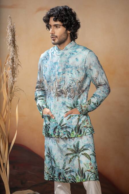 Buy_Hilo Design_Blue Silk, Cotton Satin Printed Aqua Bundi And Kurta Set _Online_at_Aza_Fashions