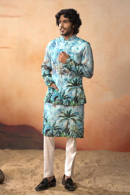 Shop_Hilo Design_Blue Silk, Cotton Satin Printed Aqua Bundi And Kurta Set _Online_at_Aza_Fashions