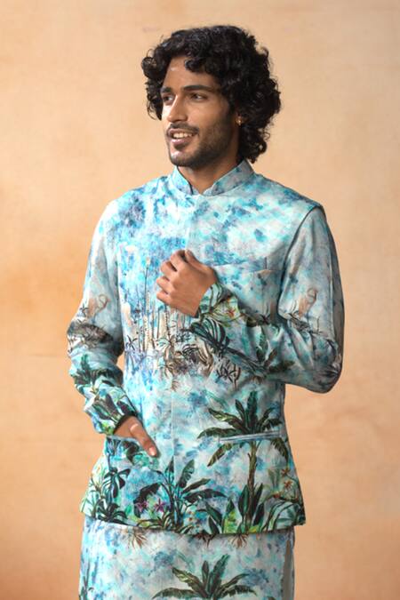 Hilo Design_Blue Silk, Cotton Satin Printed Aqua Bundi And Kurta Set _at_Aza_Fashions