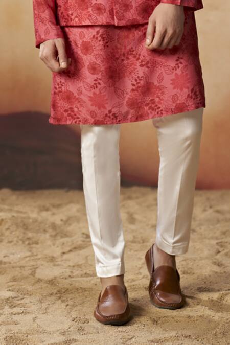 Hilo Design_Red Silk, Cotton Satin, Lycra Embroidery Floral Print Bundi And Kurta Set _Online_at_Aza_Fashions