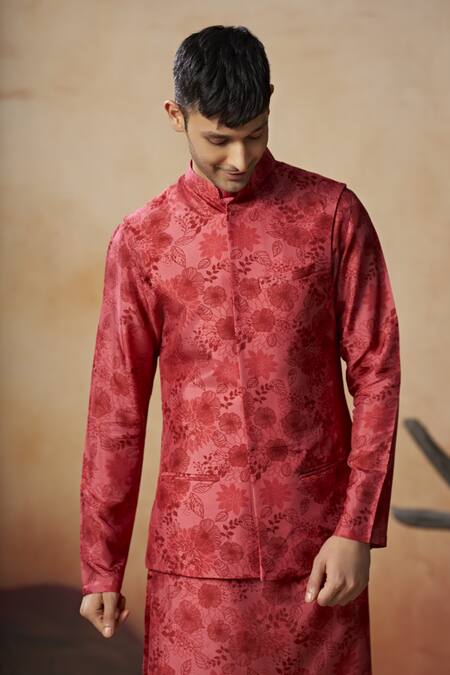 Buy_Hilo Design_Red Silk, Cotton Satin, Lycra Embroidery Floral Print Bundi And Kurta Set _Online_at_Aza_Fashions