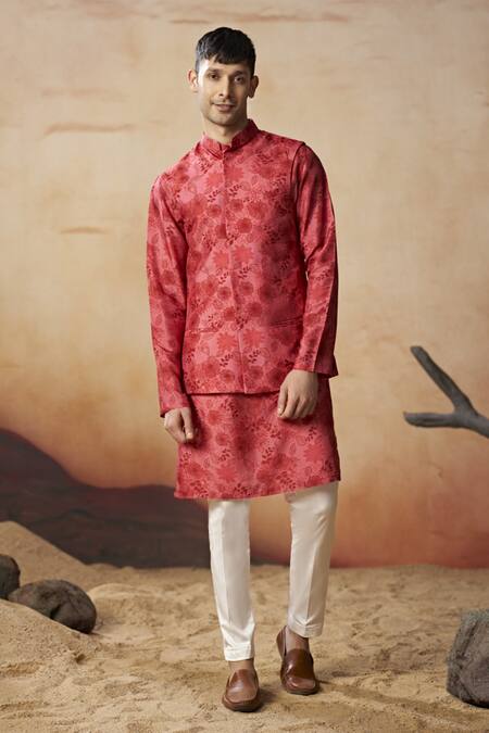 Shop_Hilo Design_Red Silk, Cotton Satin, Lycra Embroidery Floral Print Bundi And Kurta Set _Online_at_Aza_Fashions