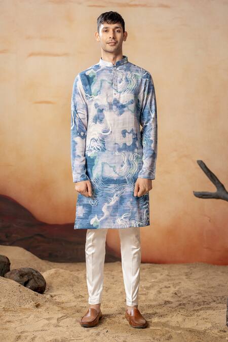 Hilo Design_Blue Cotton Satin Marble Print Bundi And Kurta Set _Online_at_Aza_Fashions