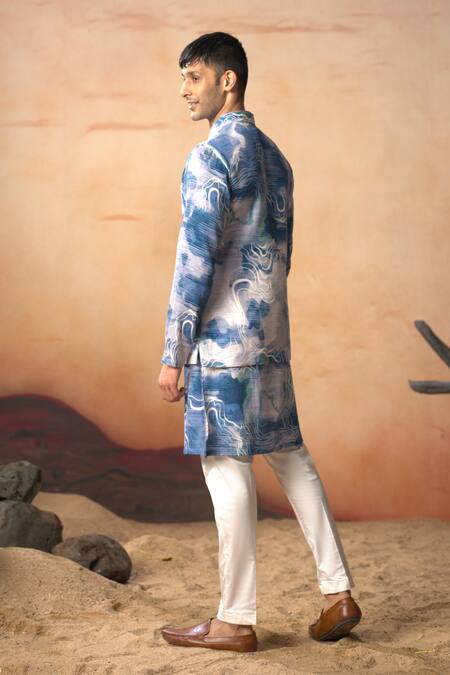 Shop_Hilo Design_Blue Cotton Satin Marble Print Bundi And Kurta Set _Online_at_Aza_Fashions